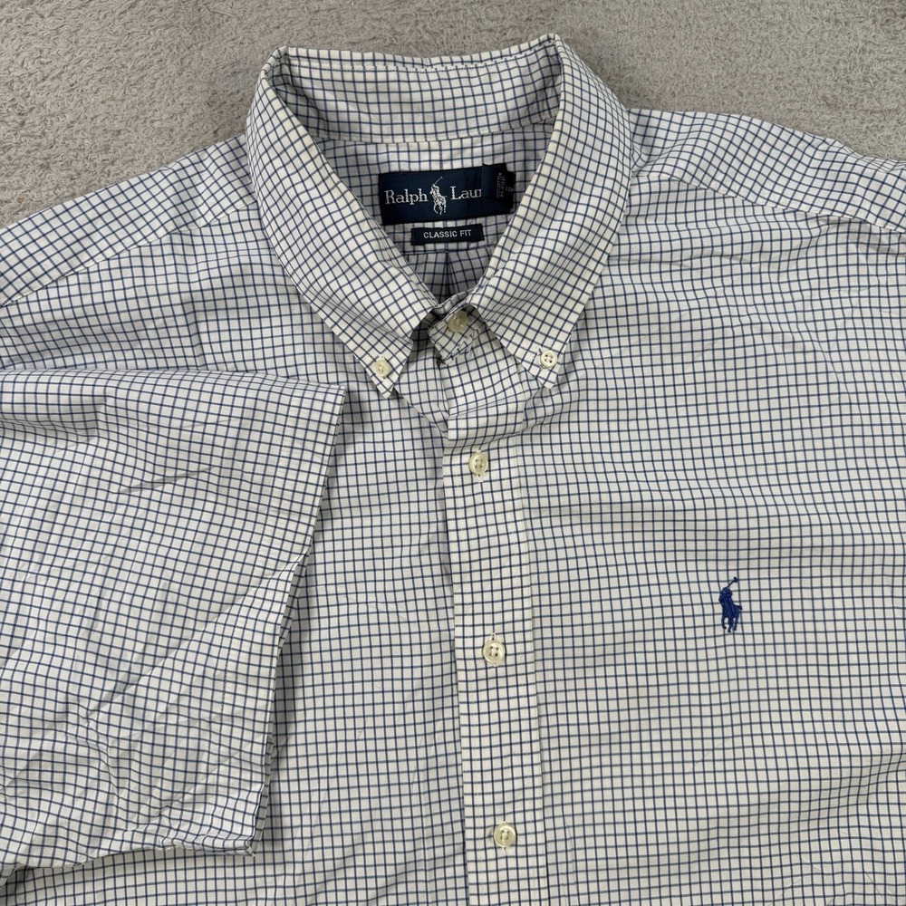 Polo Ralph Lauren Shirt Mens 2XL White Blue Check Classic Fit Button Down Pony